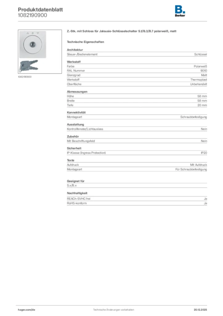 Bild Berker Produktdatenblatt 1082190900 | Hager Deutschland