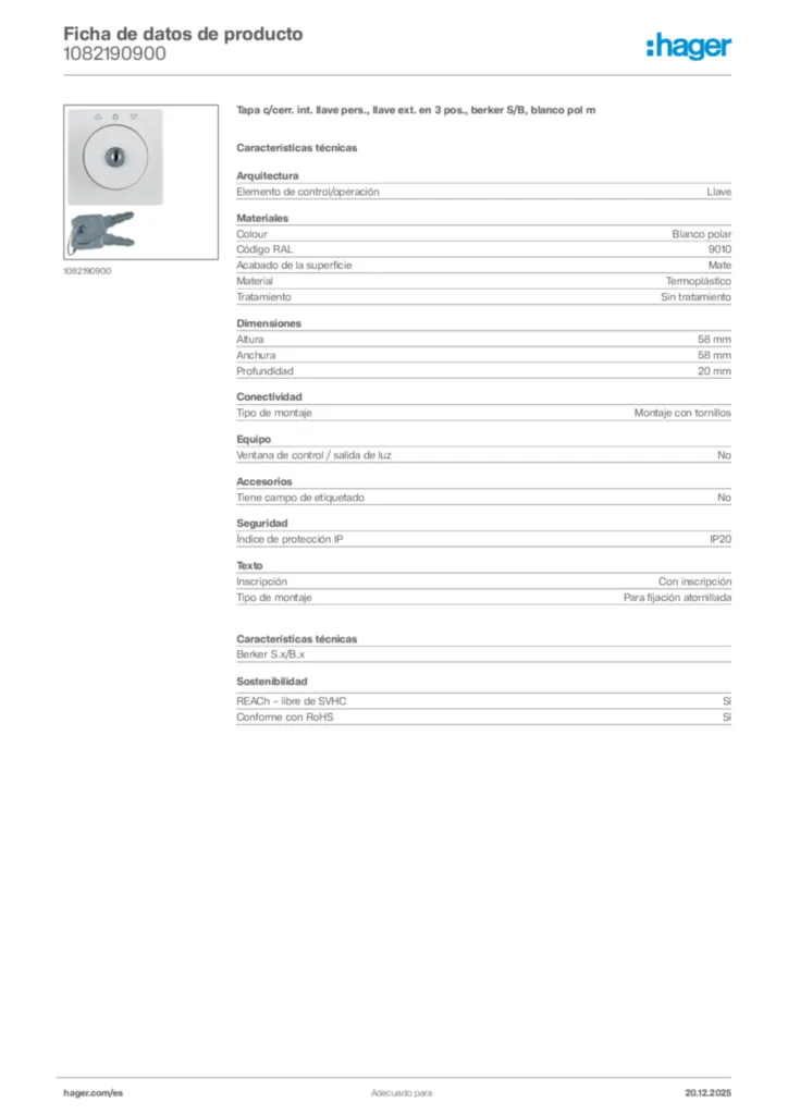 Imagen Hager Ficha de datos de producto 1082190900 | Hager España