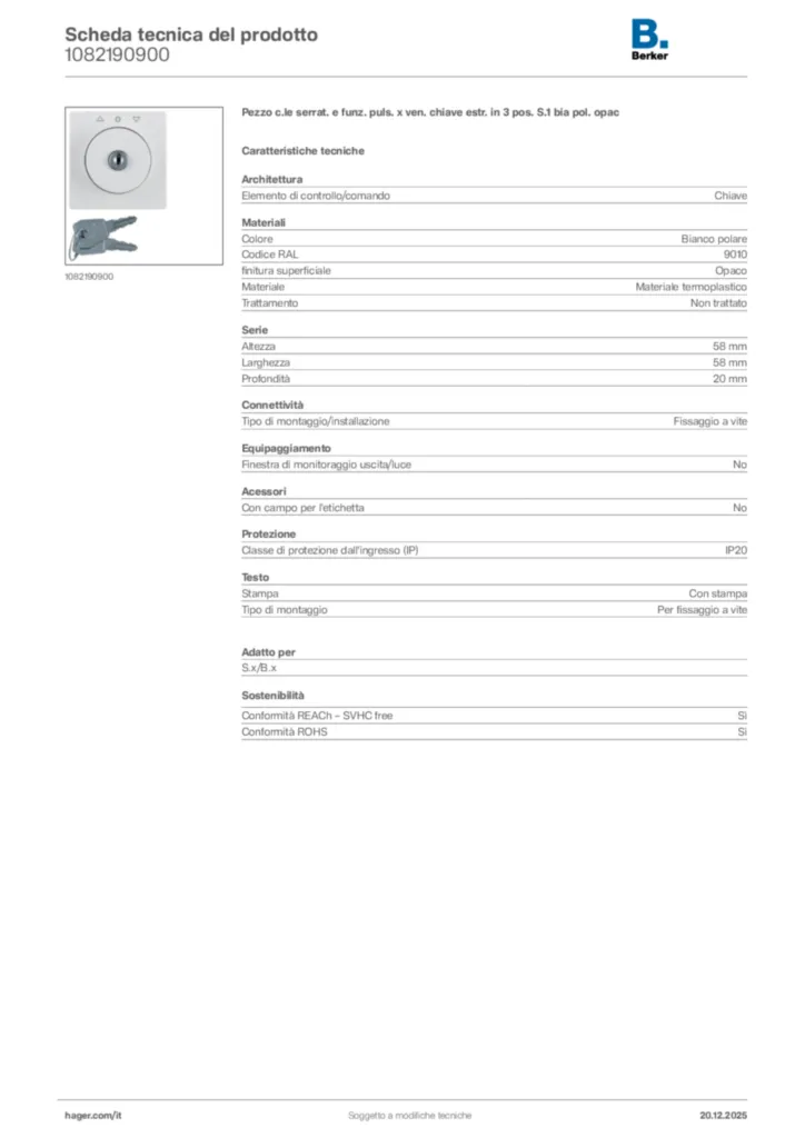 Immagine Berker Scheda tecnica del prodotto 1082190900 | Hager Italia