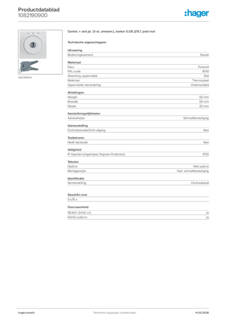 Afbeelding Hager Productdatablad 1082190900 | Hager Nederland