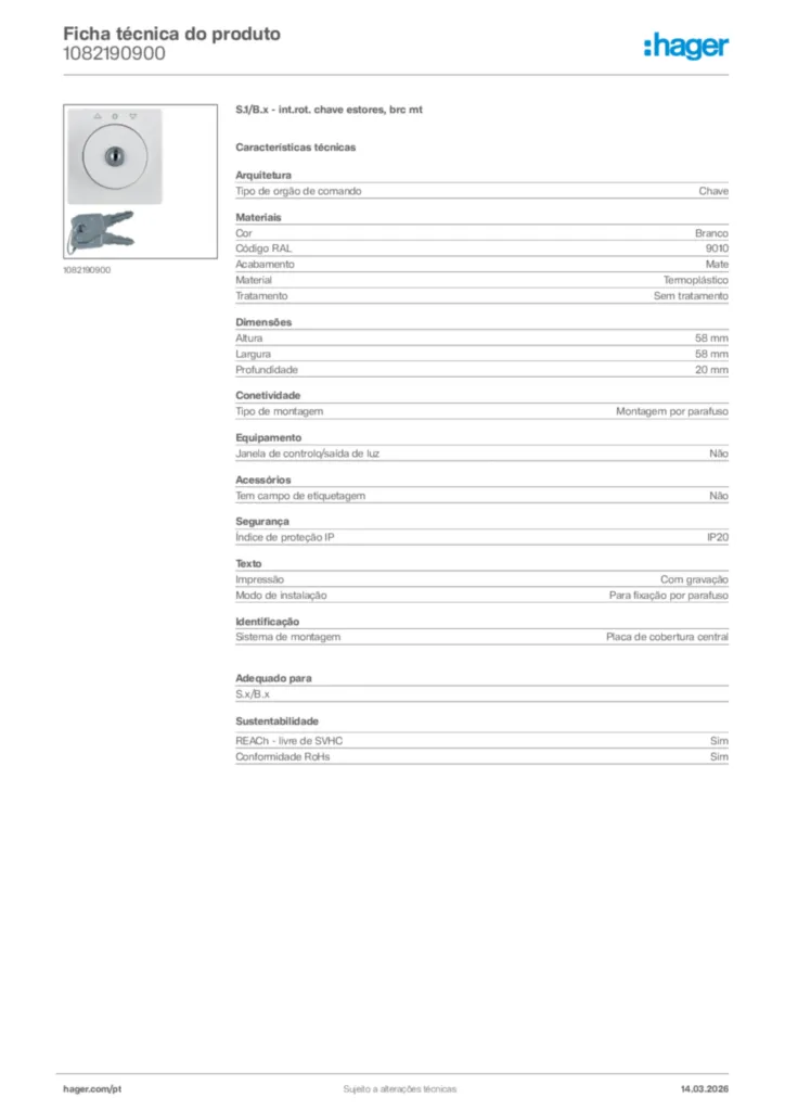 Imagem Hager Ficha técnica do produto 1082190900 | Hager Portugal