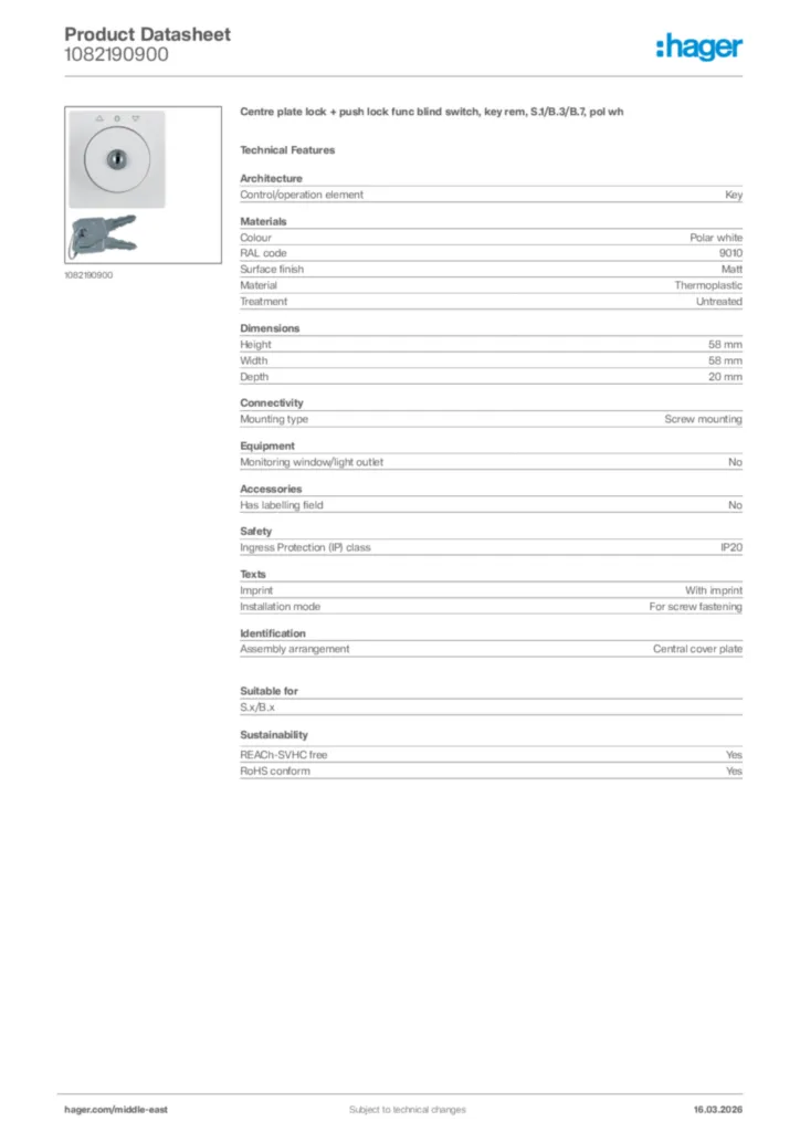 Image Hager Product data sheet 1082190900  | Hager