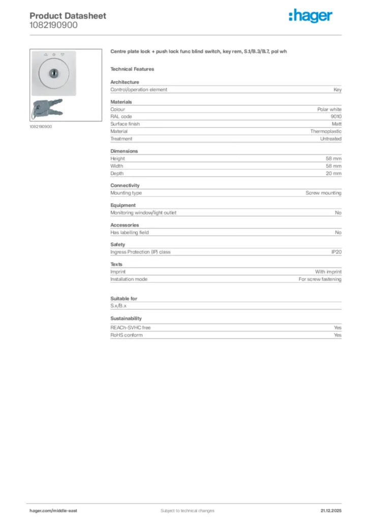Image Hager Product data sheet 1082190900  | Hager