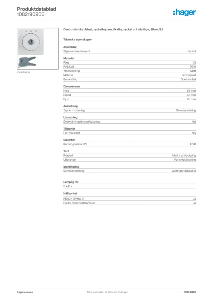 Bild Hager Produktdatablad 1082190900 | Hager Sverige