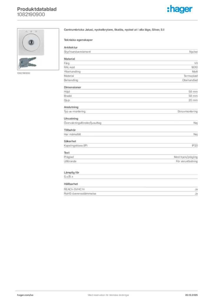 Bild Hager Produktdatablad 1082190900 | Hager Sverige