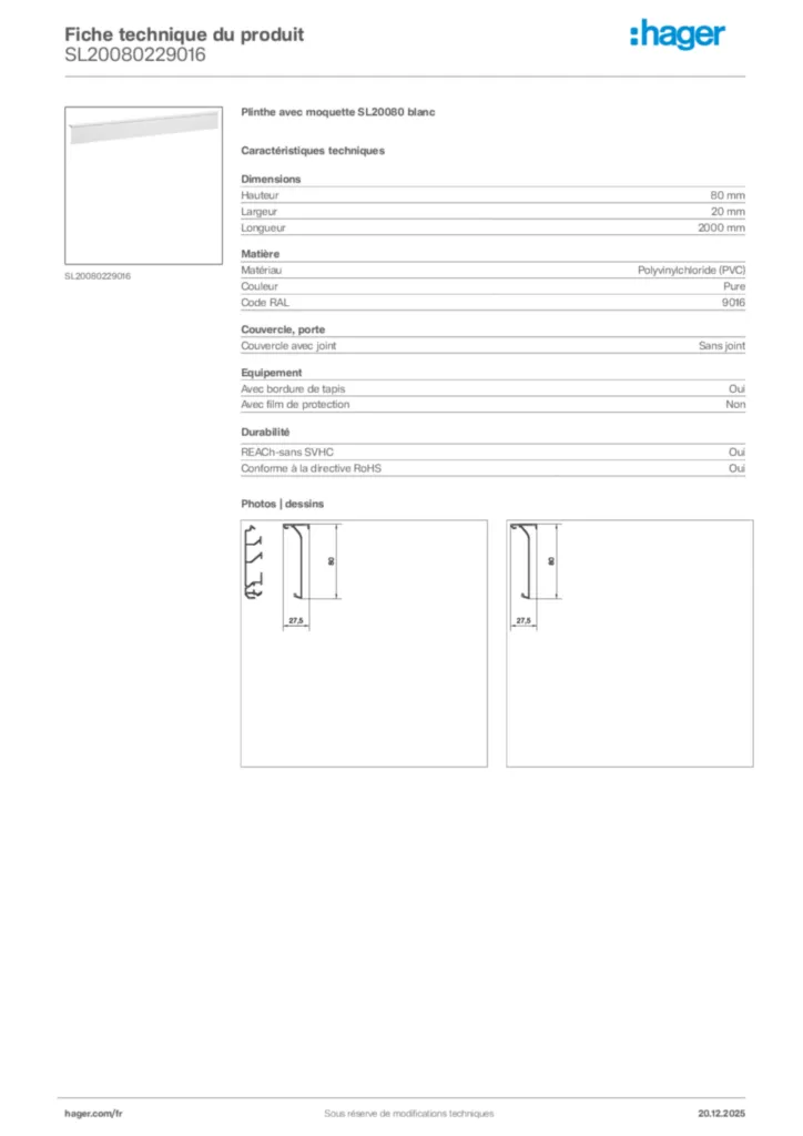 Image Hager Fiche technique du produit SL20080229016 | Hager France