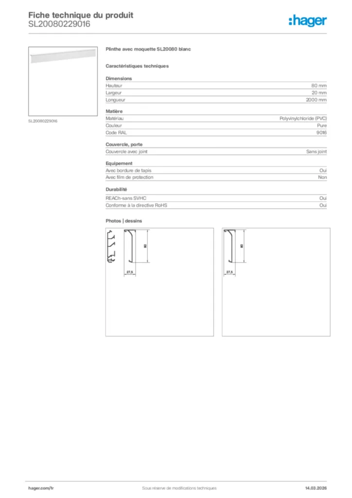 Image Hager Fiche technique du produit SL20080229016 | Hager France