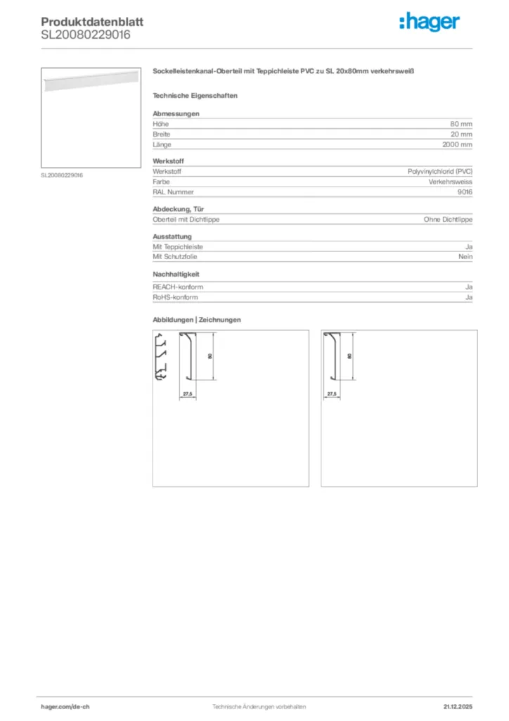 Bild Hager Produktdatenblatt SL20080229016 | Hager Schweiz