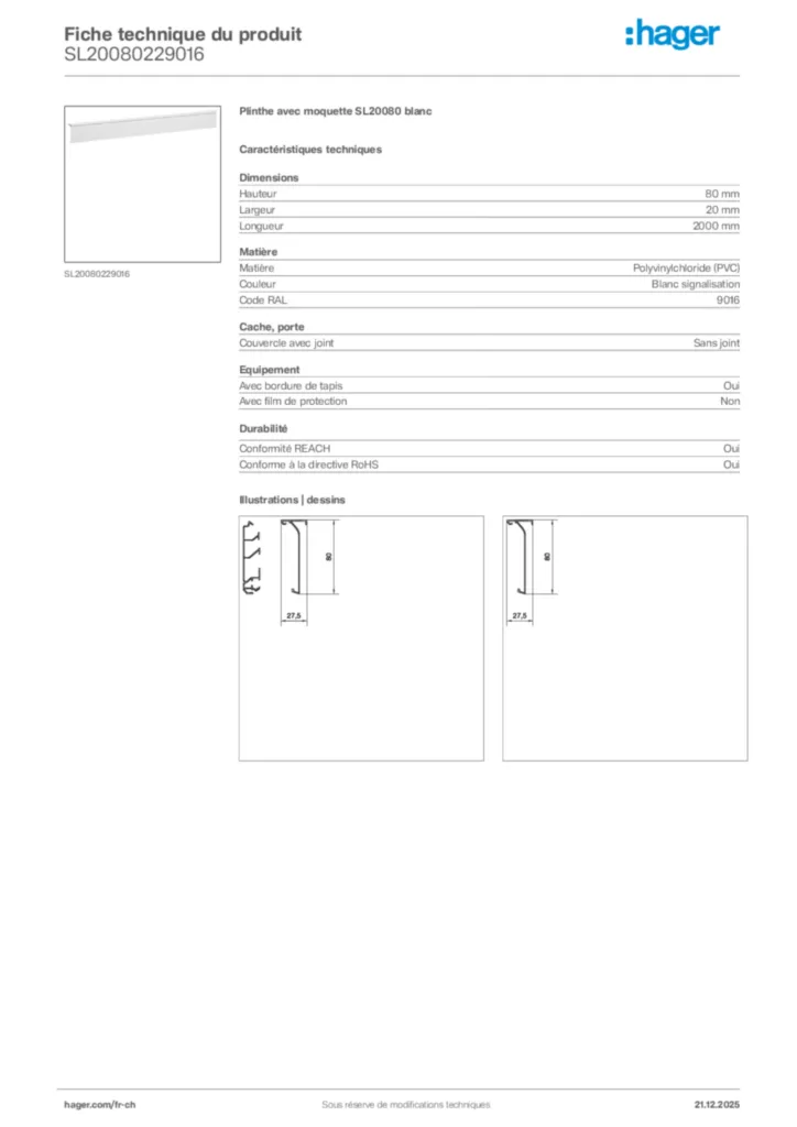 Image Hager Fiche technique du produit SL20080229016 | Hager Suisse