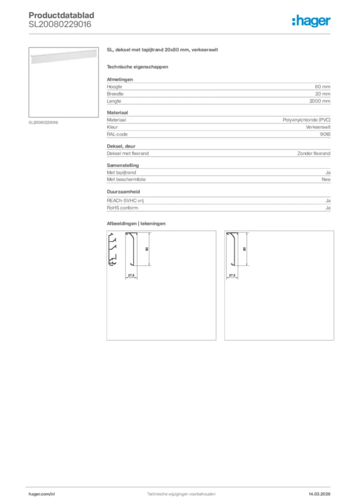 Afbeelding Hager Productdatablad SL20080229016 | Hager Nederland