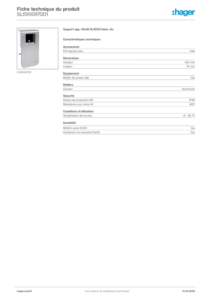 Image Hager Fiche technique du produit SL15100970D1 | Hager France