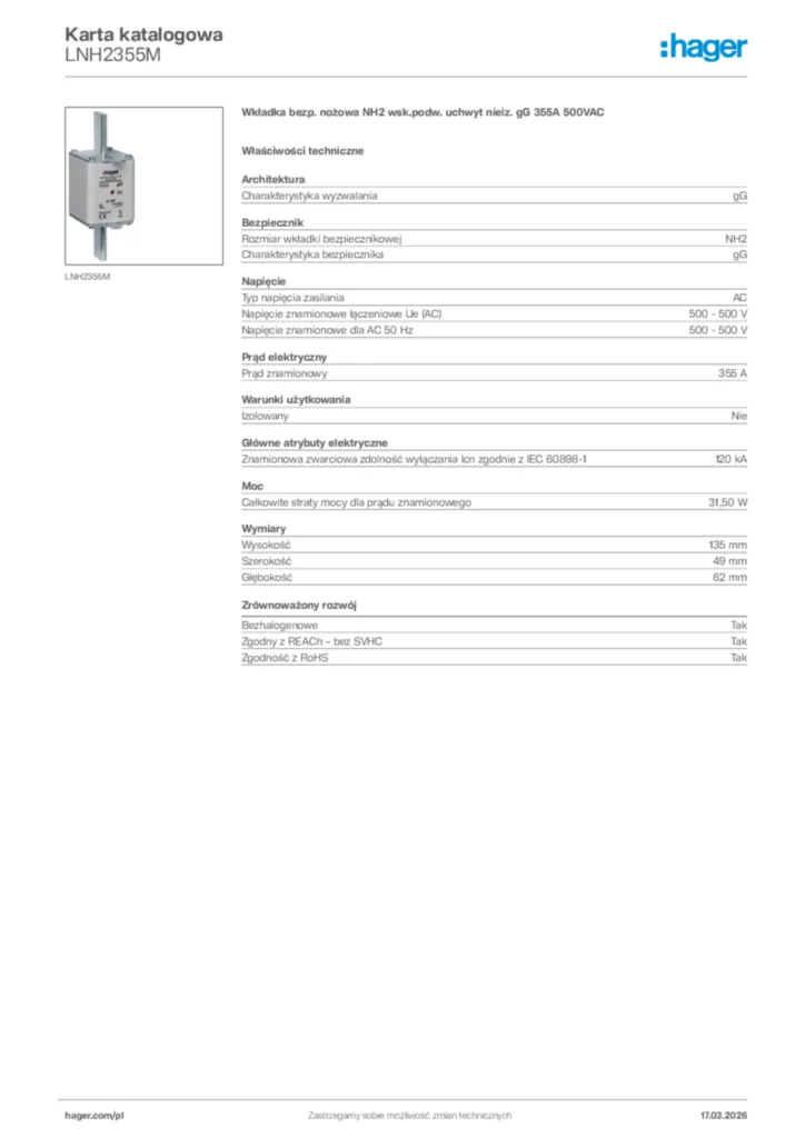 Zdjęcie Hager Karta katalogowa LNH2355M | Hager Polska