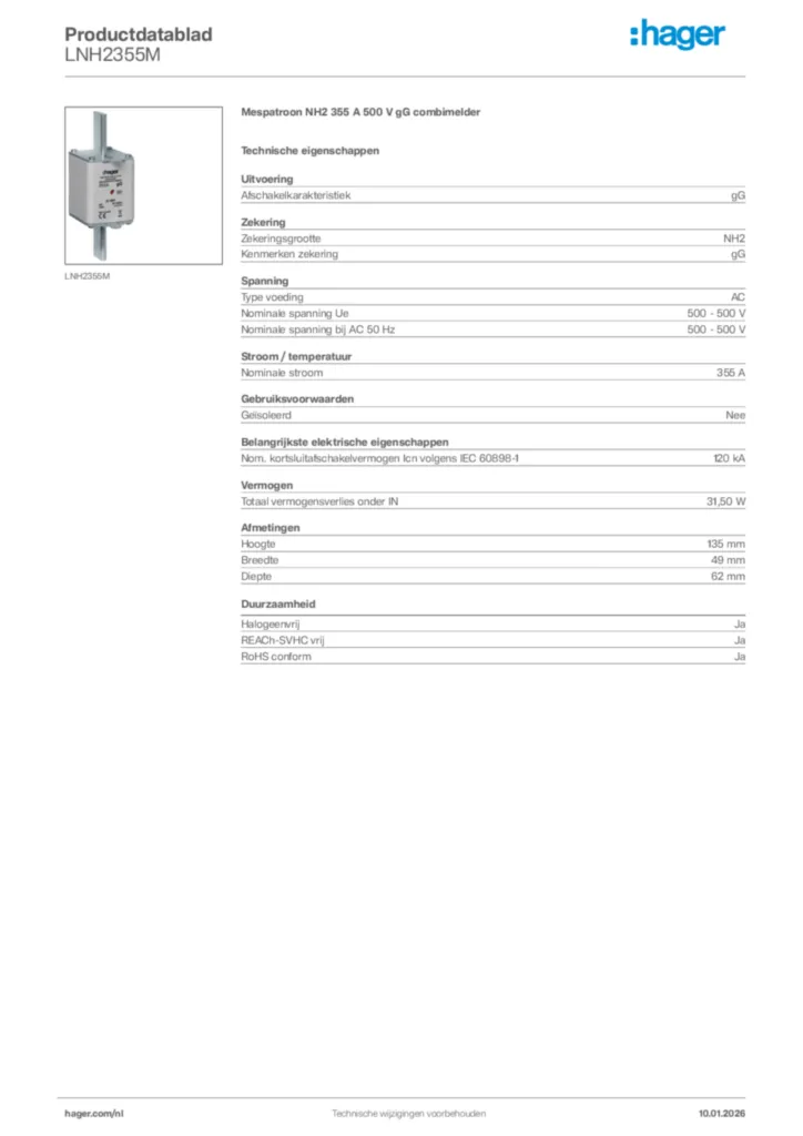 Afbeelding Hager Productdatablad LNH2355M | Hager Nederland