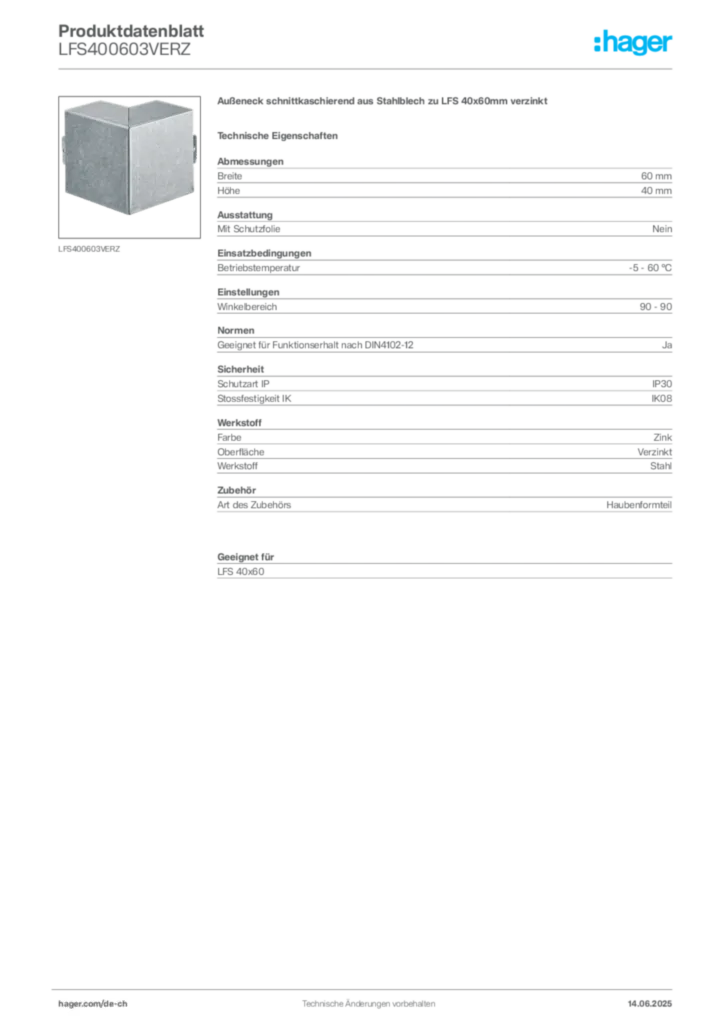 Bild Hager Produktdatenblatt LFS400603VERZ | Hager Schweiz