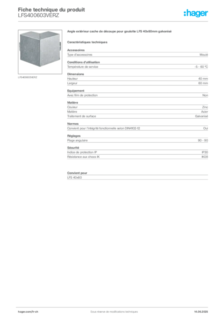 Image Hager Fiche technique du produit LFS400603VERZ | Hager Suisse