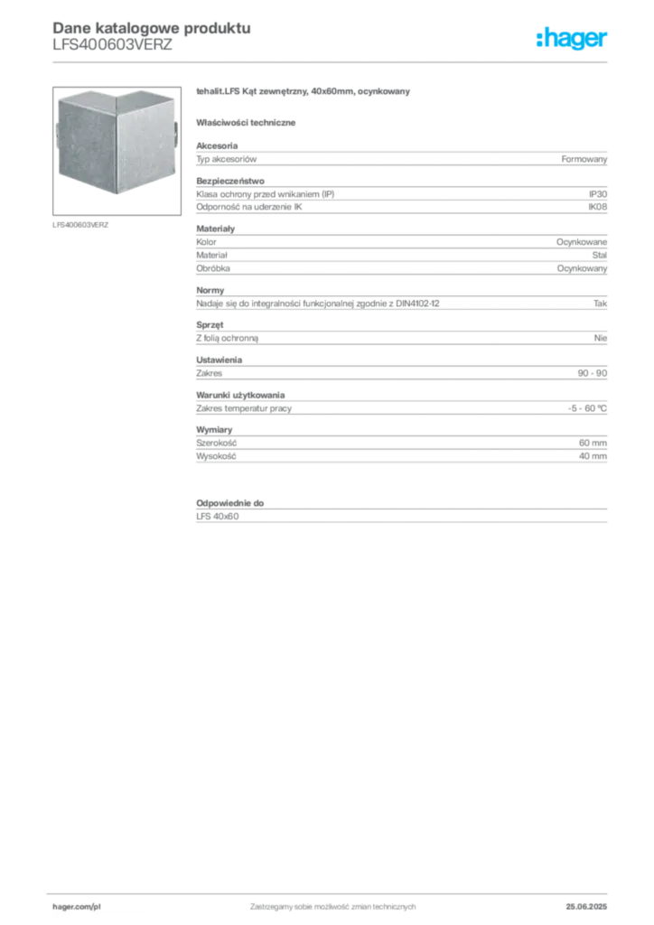 Zdjęcie Hager Dane katalogowe produktu LFS400603VERZ | Hager Polska