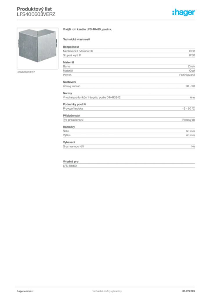 Obrázek Hager Produktový list LFS400603VERZ | Hager