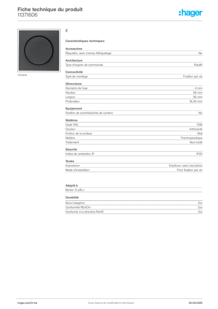 Image Hager Fiche technique du produit 11371606 | Hager Belgique