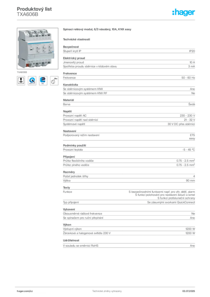 Obrázek Hager Produktový list TXA606B | Hager