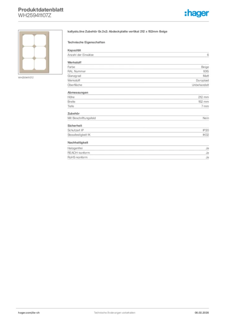 Bild Hager Produktdatenblatt WH25941107Z | Hager Schweiz