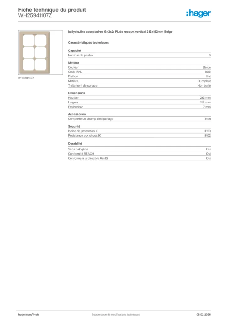Image Hager Fiche technique du produit WH25941107Z | Hager Suisse