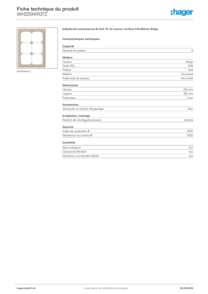 Image Hager Fiche technique du produit WH25941107Z | Hager Suisse