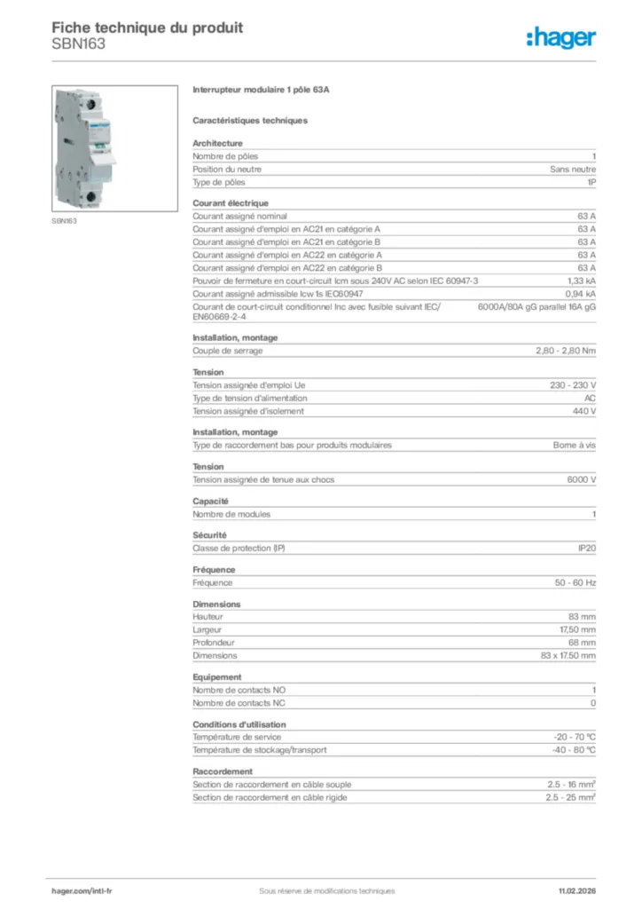 Image Hager Fiche technique du produit SBN163 | Hager Afrique