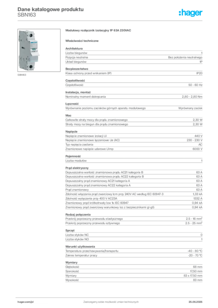 Zdjęcie Hager Dane katalogowe produktu SBN163 | Hager Polska
