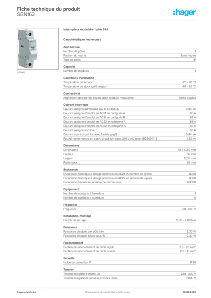 Image Hager Fiche technique du produit SBN163 | Hager Belgique