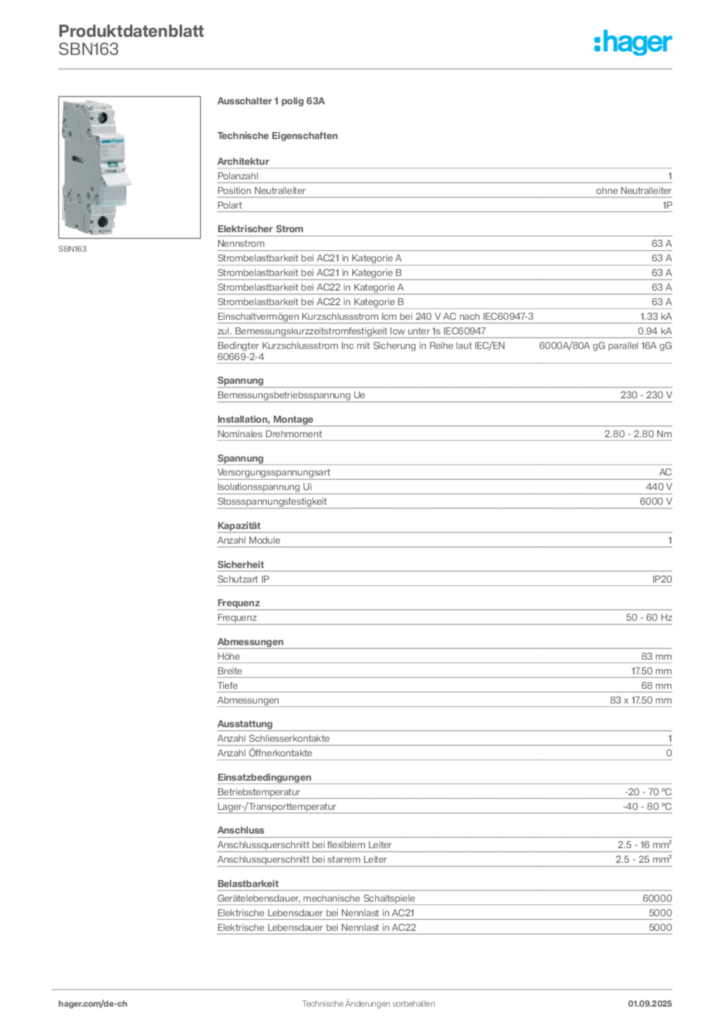 Bild Hager Produktdatenblatt SBN163 | Hager Schweiz