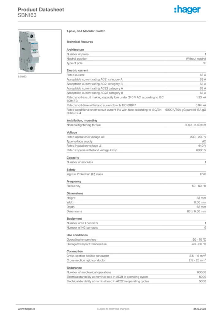 Image Hager Product data sheet SBN163  | Hager