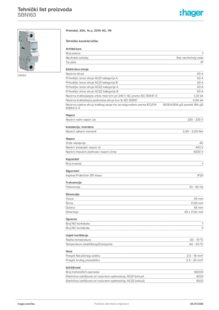 Slika Hager Product data sheet SBN163  | Hager