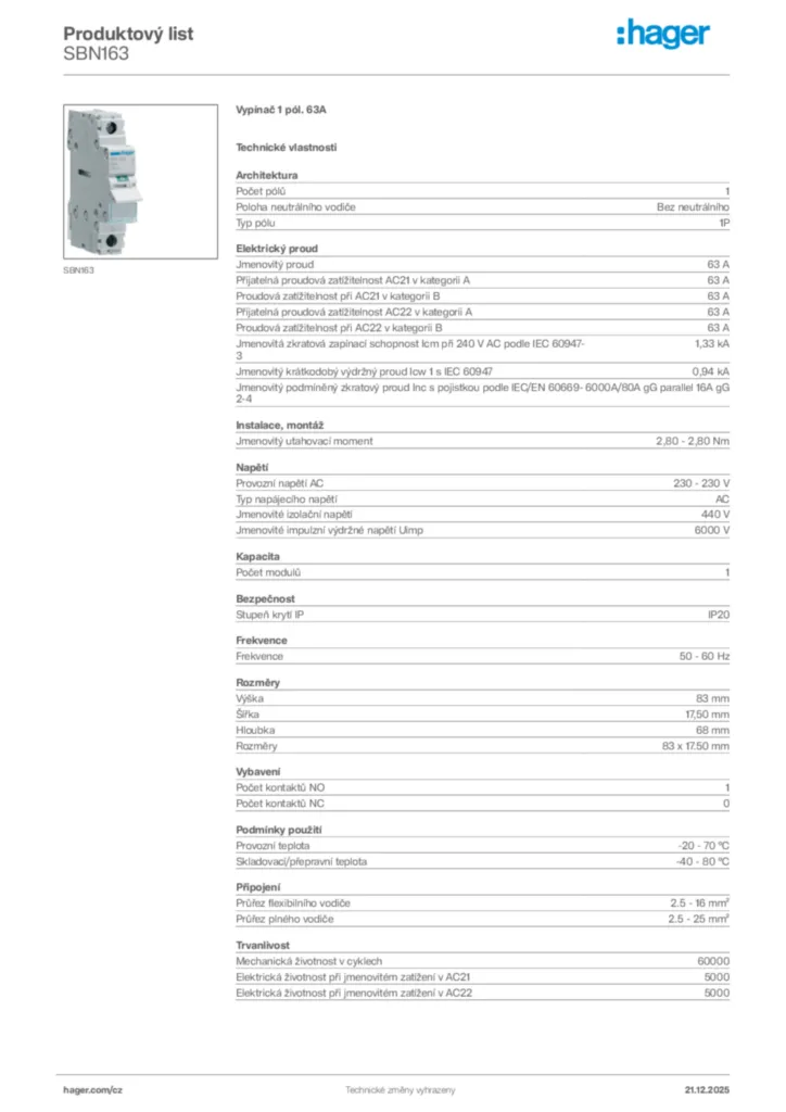 Obrázek Hager Produktový list SBN163 | Hager