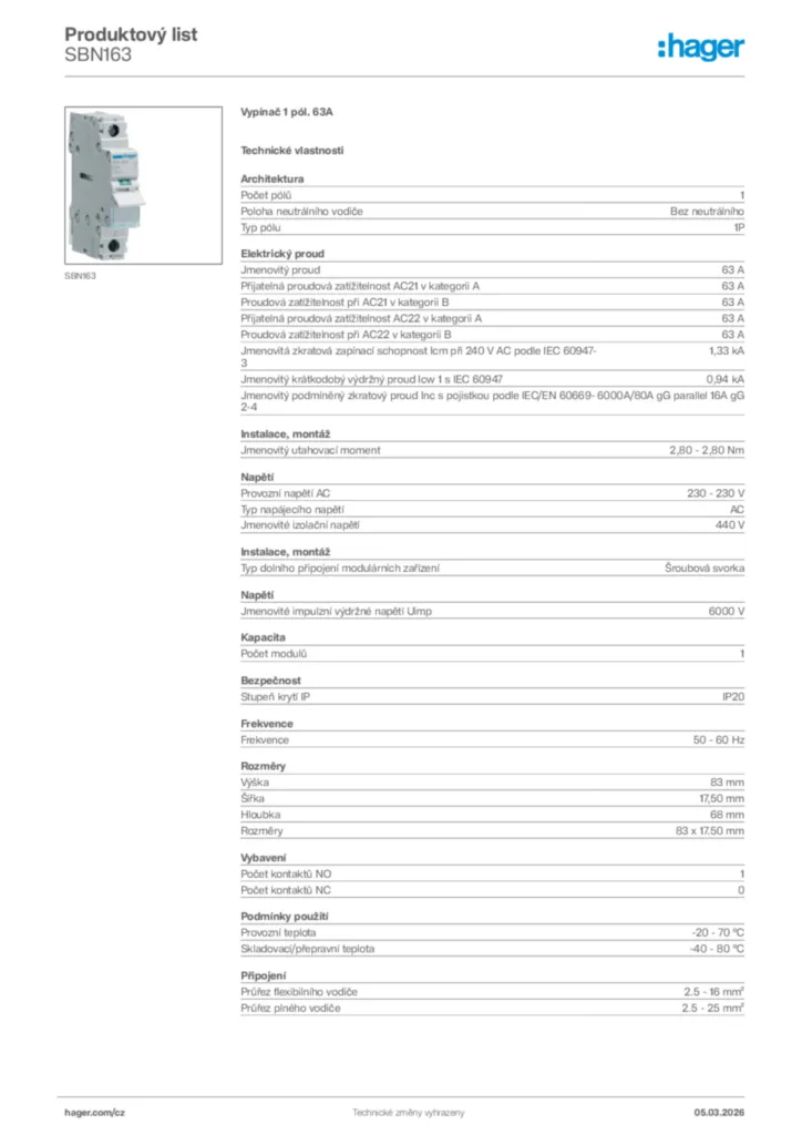 Obrázek Hager Product data sheet SBN163 | Hager
