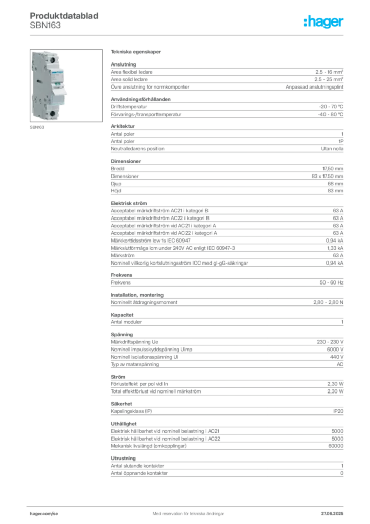 Bild Hager Produktdatablad SBN163 | Hager Sverige