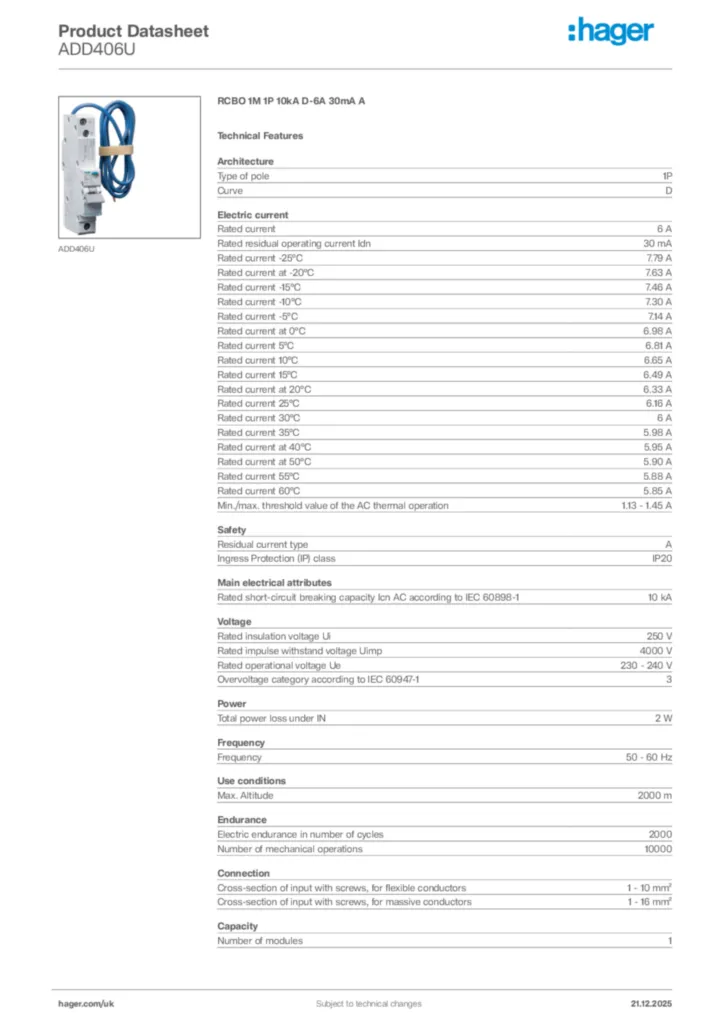 Image Hager Product data sheet ADD406U  | Hager