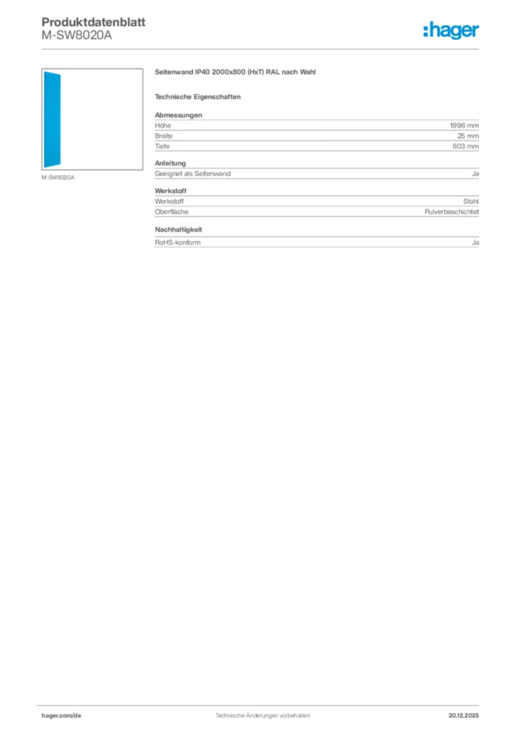 Bild Hager Produktdatenblatt M-SW8020A | Hager Deutschland