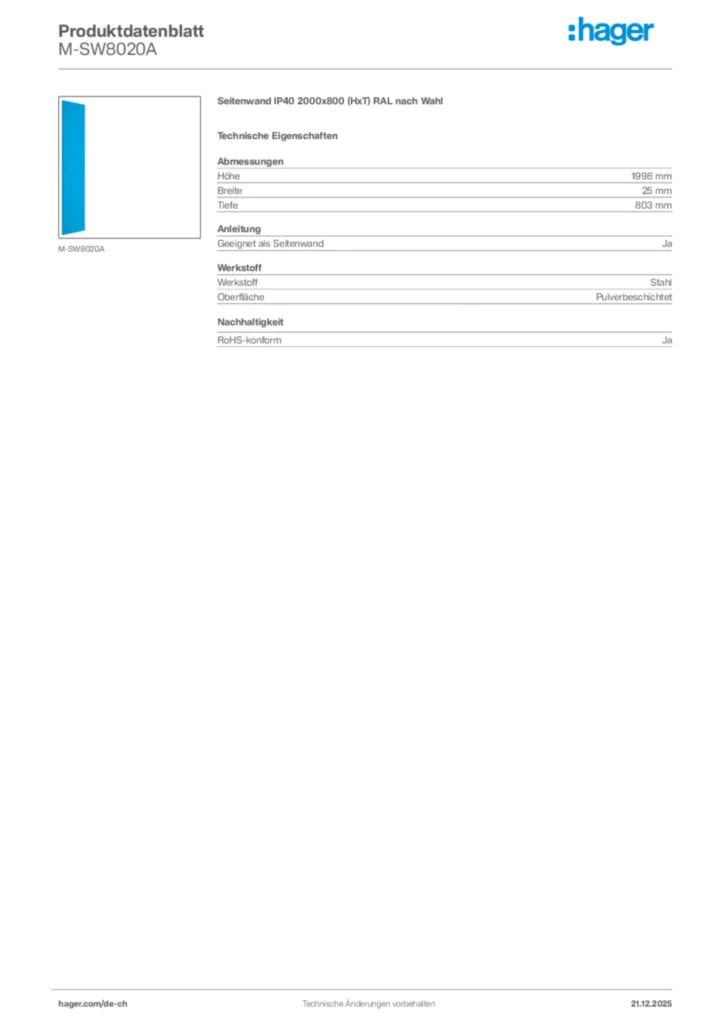 Bild Hager Produktdatenblatt M-SW8020A | Hager Schweiz