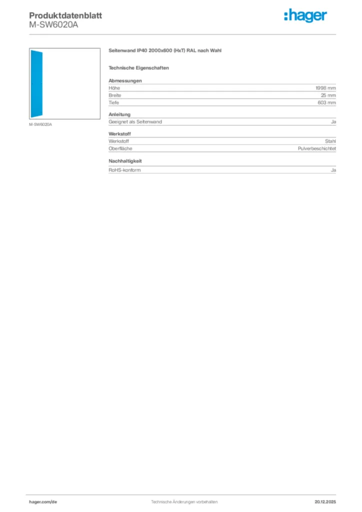 Bild Hager Produktdatenblatt M-SW6020A | Hager Deutschland