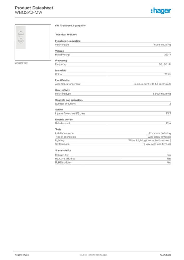 Image Hager Product data sheet WBQSA2-MW  | Hager Australia