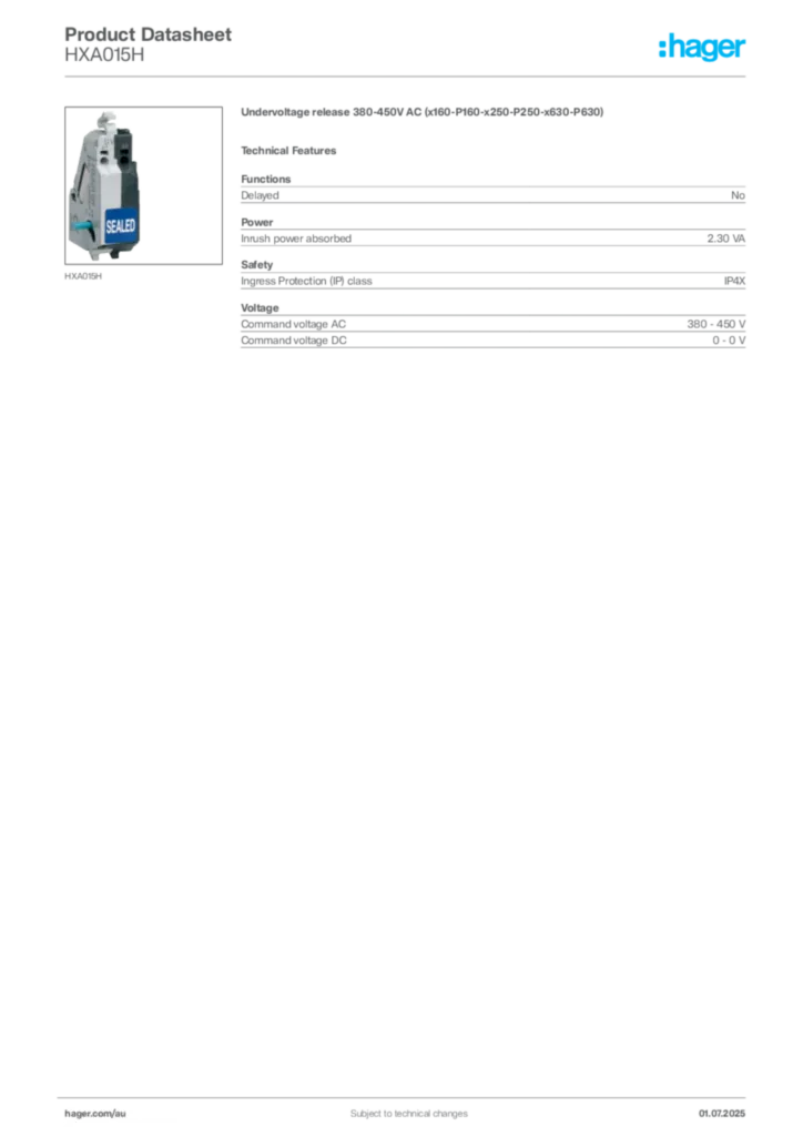 Image Hager Product data sheet HXA015H  | Hager Australia