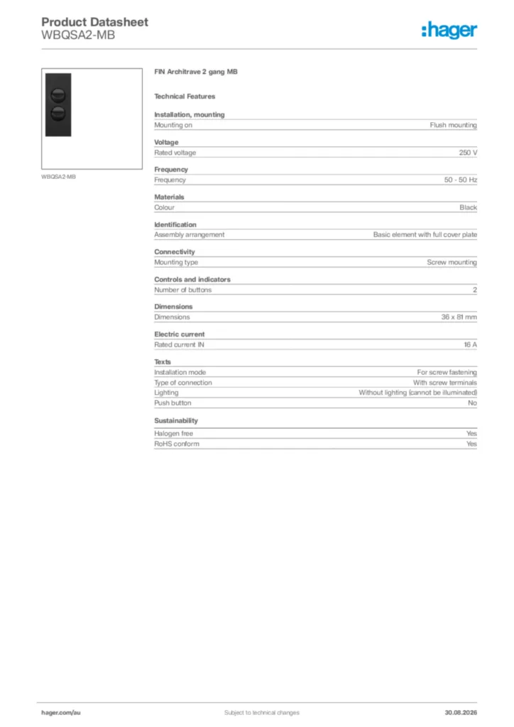 Image Hager Product data sheet WBQSA2-MB  | Hager Australia