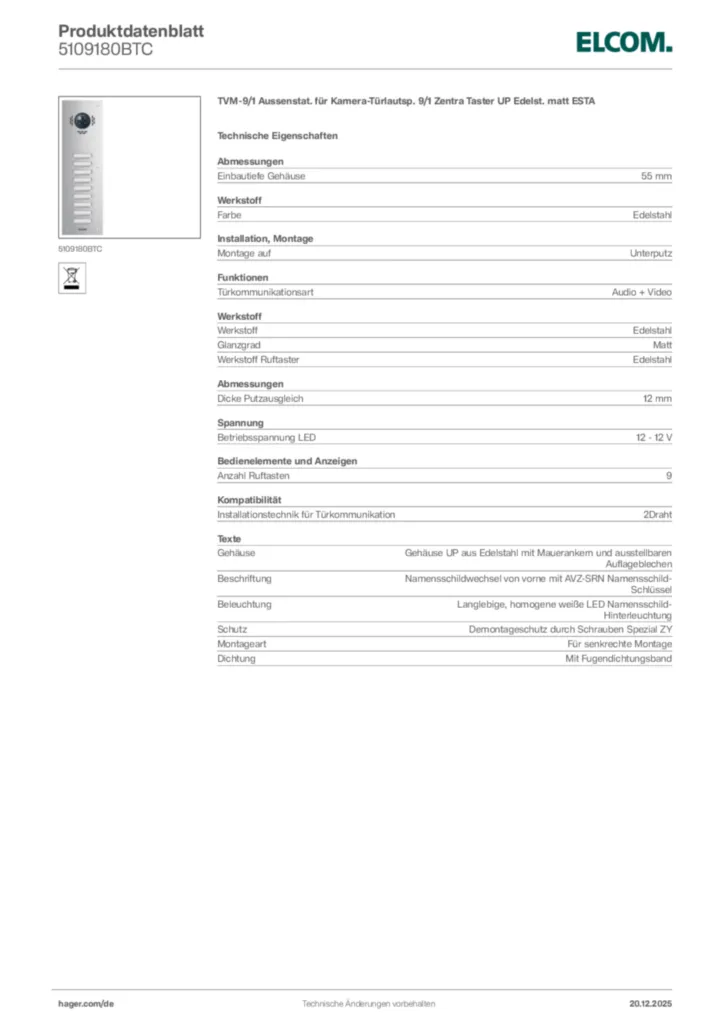 Bild Elcom Produktdatenblatt 5109180BTC | Hager Deutschland