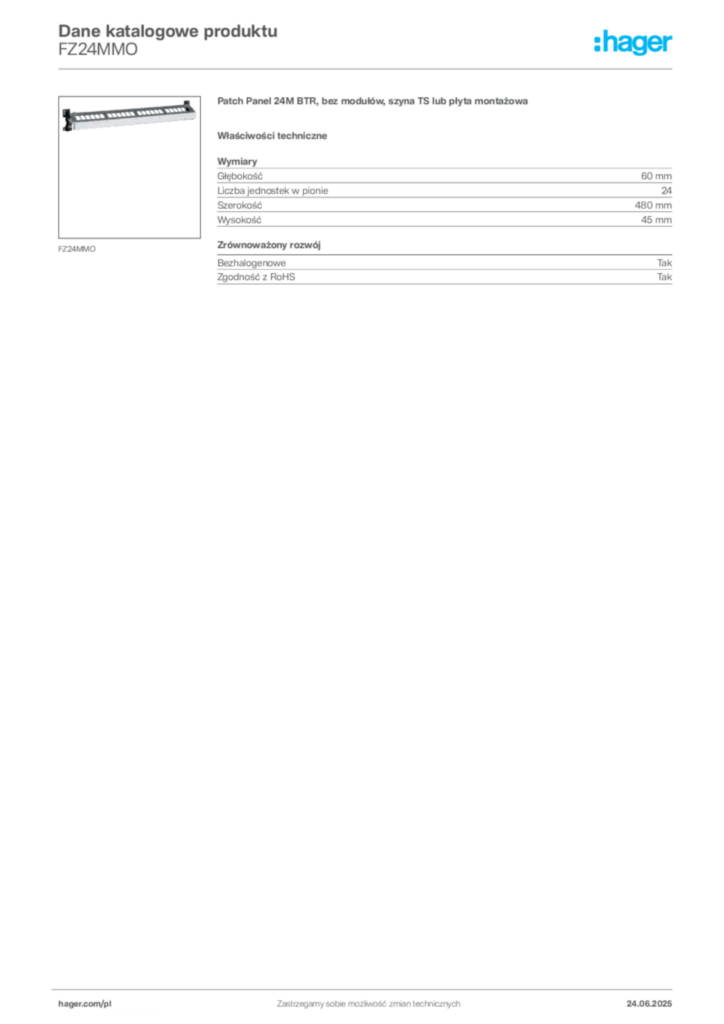 Zdjęcie Hager Dane katalogowe produktu FZ24MMO | Hager Polska