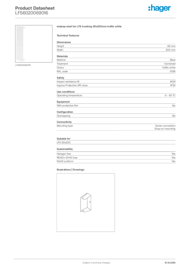 Image Hager Product data sheet LFS6020069016  | Hager Africa