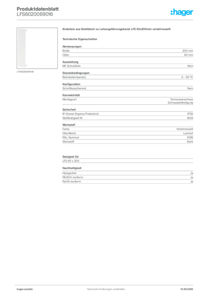 Bild Hager Produktdatenblatt LFS6020069016 | Hager Deutschland