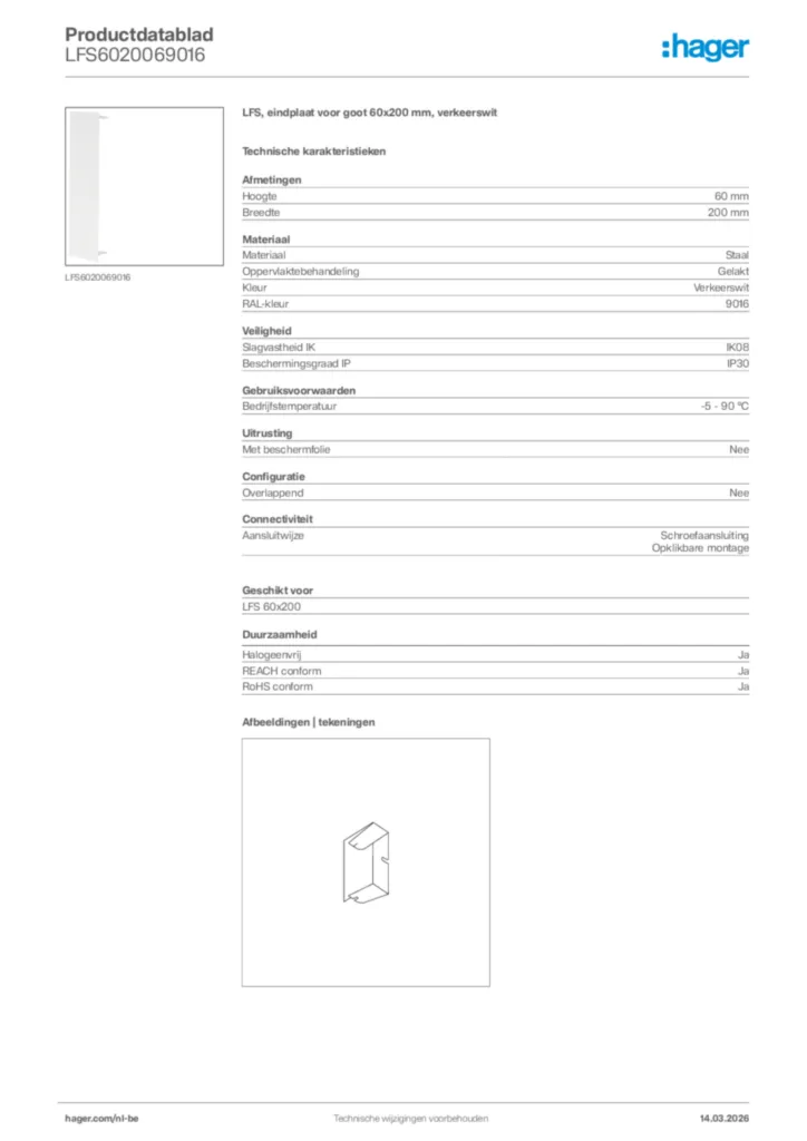 Afbeelding Hager Productdatablad LFS6020069016 | Hager Belgium
