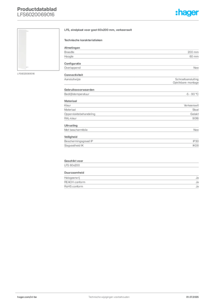 Afbeelding Hager Productdatablad LFS6020069016 | Hager Belgium