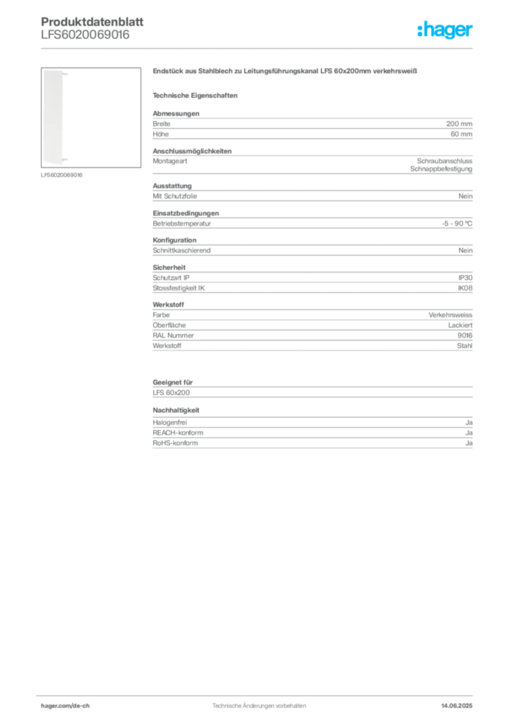 Bild Hager Produktdatenblatt LFS6020069016 | Hager Schweiz
