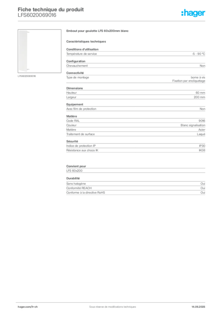 Image Hager Fiche technique du produit LFS6020069016 | Hager Suisse